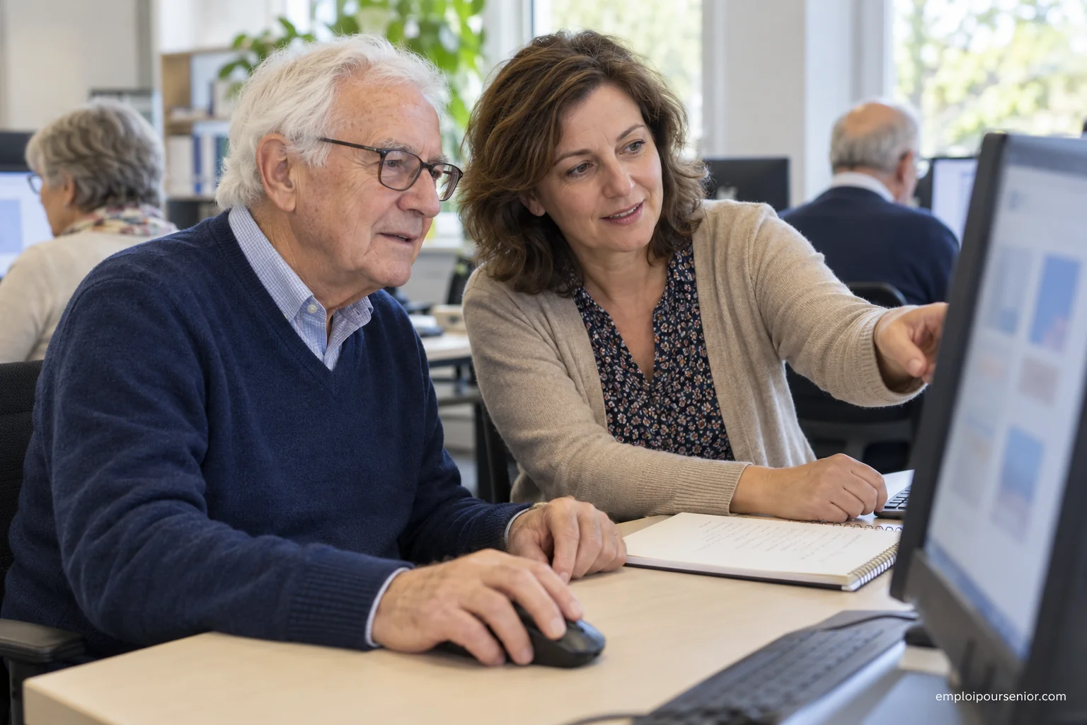 Un candidat senior apprend à utiliser un ordinateur avec une médiatrice numérique