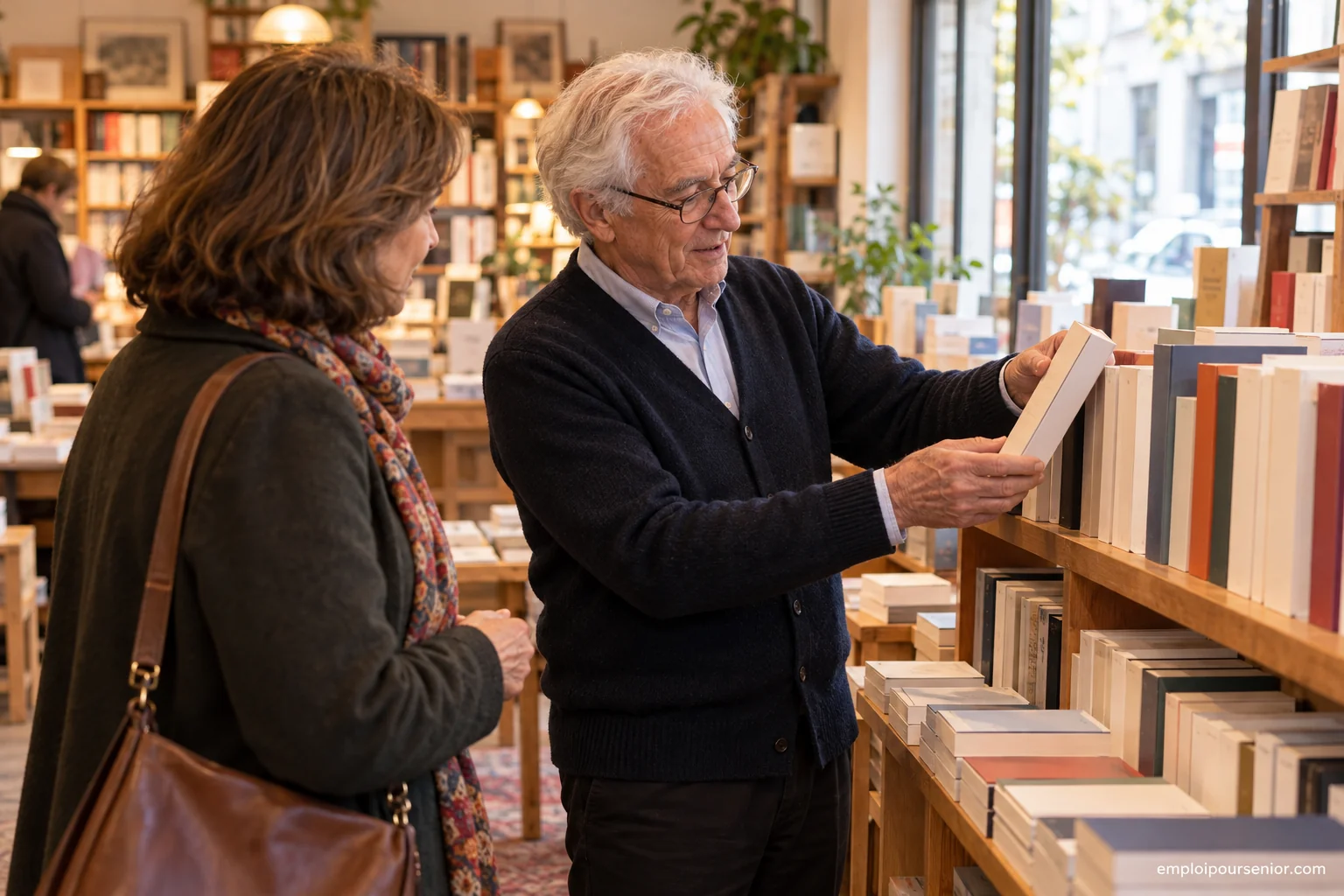 Un libraire aux cheveux blancs conseille un client devant des étagères de livres.
