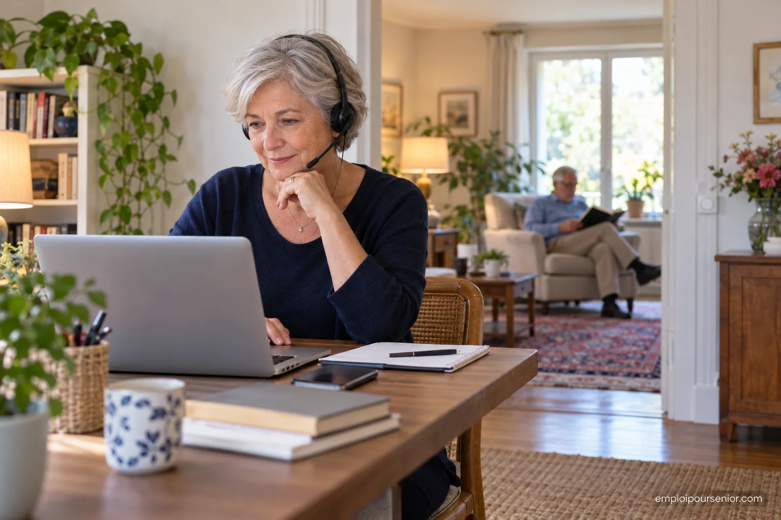 Une salariée senior travaille à son ordinateur à domicile pendant qu'un proche lit dans la pièce voisine