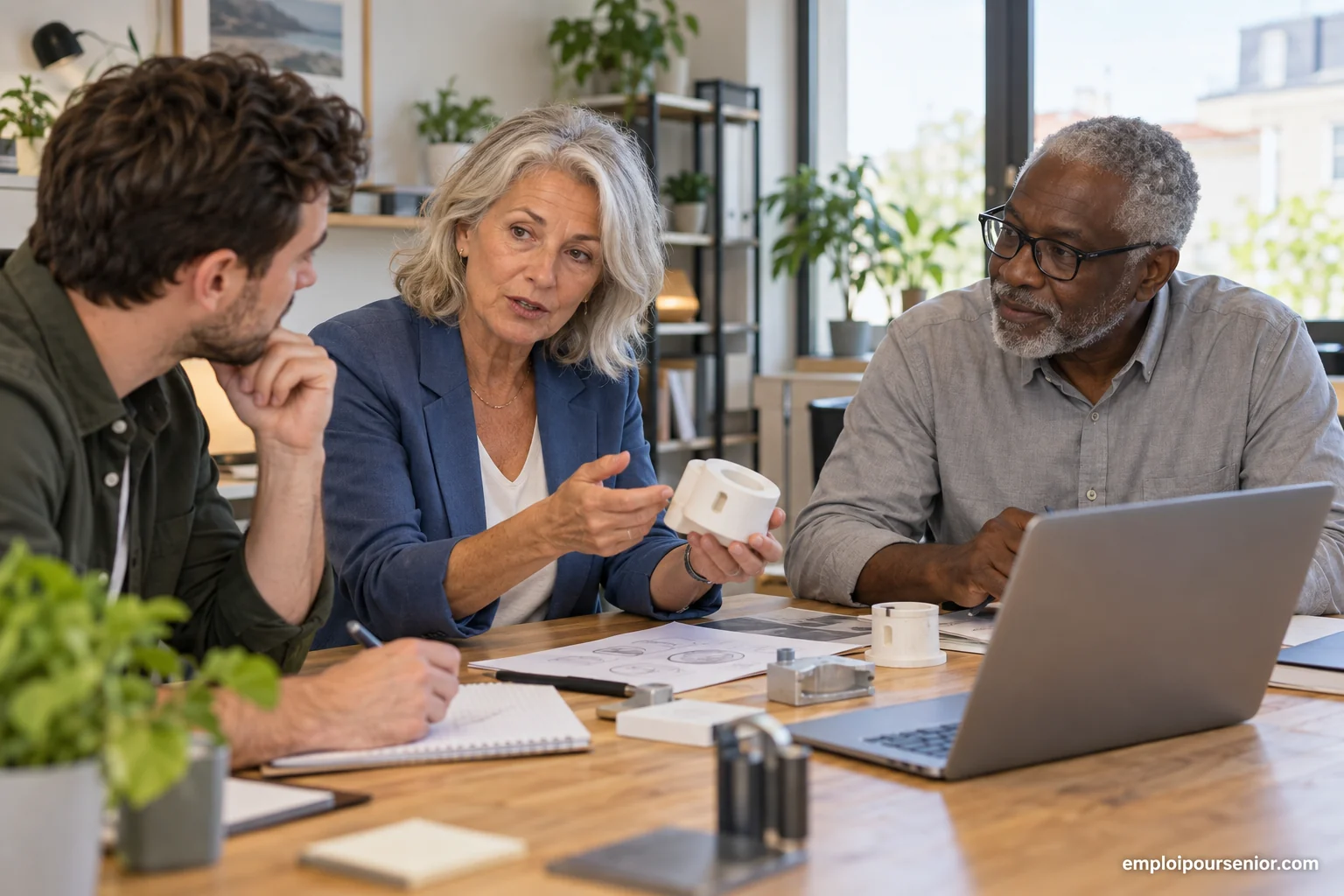 Deux professionnels seniors collaborent avec un collègue autour d’un projet dans un bureau.