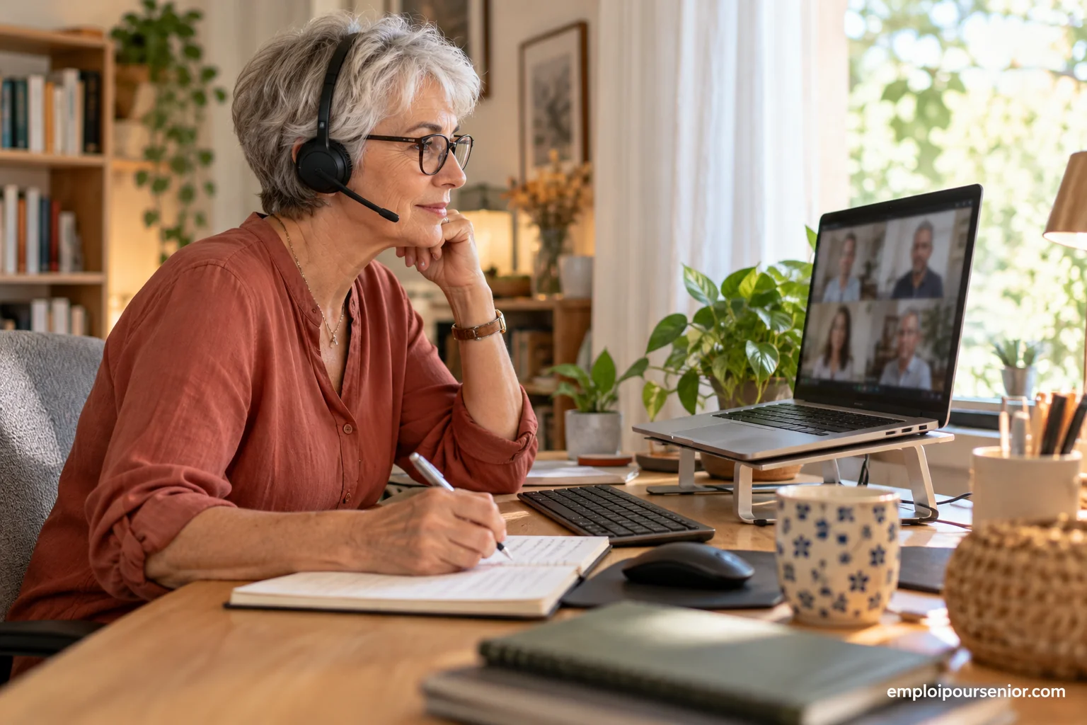 Une professionnelle senior participe à une visioconférence depuis son bureau installé à domicile