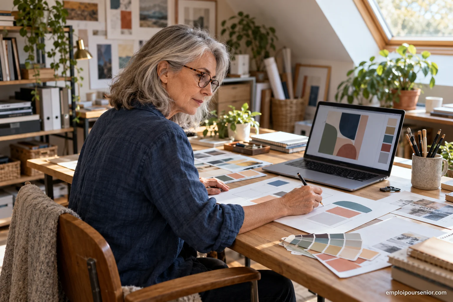 Graphiste senior comparant des nuanciers de couleurs à son bureau de travail indépendant